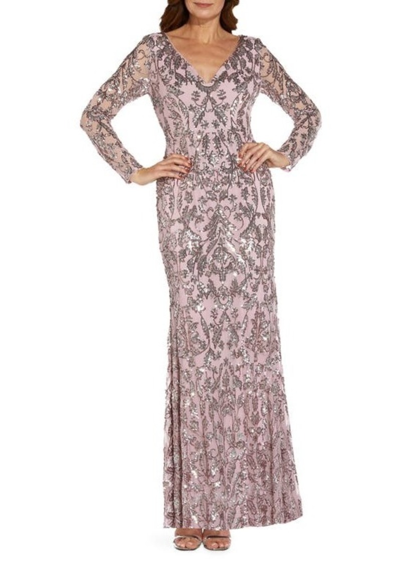 Adrianna Papell Sequin Mesh Long Sleeve Trumpet Gown in Smoky Rose at Nordstrom