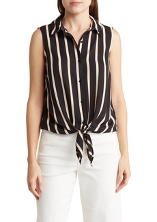 Adrianna Papell Sleeveless Tie Button-Up Blouse in Black Taupe Natasha Stripe at Nordstrom Rack