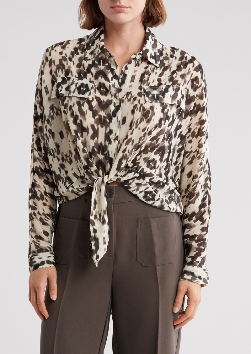 Adrianna Papell Tie Front Button-Up Shirt in Blurred Batik at Nordstrom Rack
