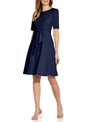 Adrianna Papell Tie Front Fit & Flare Crepe Dress in Navy Sateen at Nordstrom