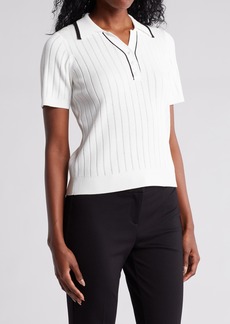 Adrianna Papell Tipped Short Sleeve Polo Sweater in Ivory/Black at Nordstrom Rack