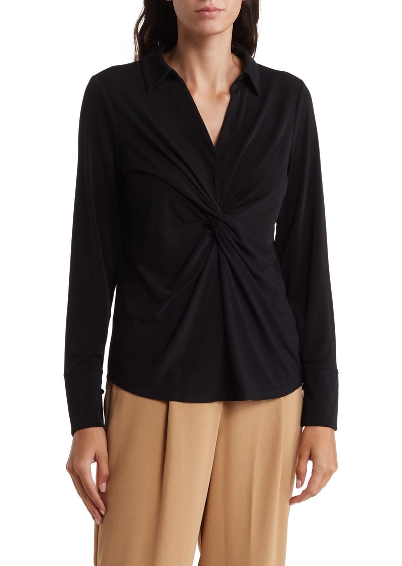 Adrianna Papell Twist Front Long Sleeve Crepe Top in Black at Nordstrom Rack
