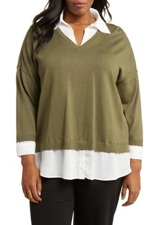 Adrianna Papell Twofer Pullover Sweater in Oak Olive/Ivory at Nordstrom Rack