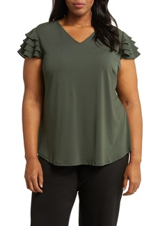 Adrianna Papell V-Neck Flutter Sleeve Mixed Media Top in Dusty Olive at Nordstrom Rack