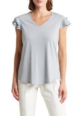 Adrianna Papell V-Neck Tiered Ruffle Sleeve Crepe Knit Top in Silver Mist at Nordstrom Rack