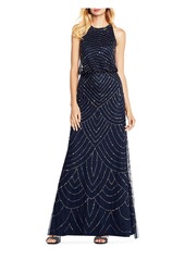 Adrianna Papell Womens Art Deco Beaded Blouson Dress with Halter Neckline