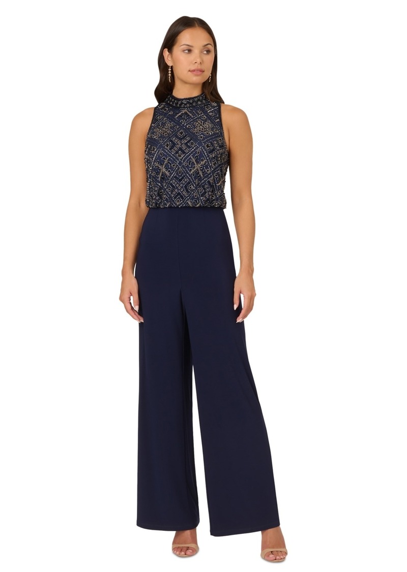 Adrianna Papell Women's Beaded Blouson Wide-Leg Jumpsuit - Light Navy