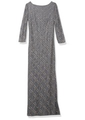 Adrianna Papell Women's Beaded Crosshatch Design Long Sleeve Gown Petite  6P