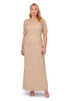 Adrianna Papell Women's Beaded Long 3D Floral Gown