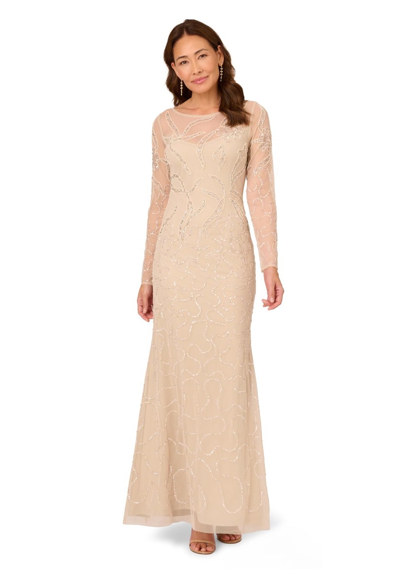 Adrianna Papell Women's Beaded Long Sleeve Gown