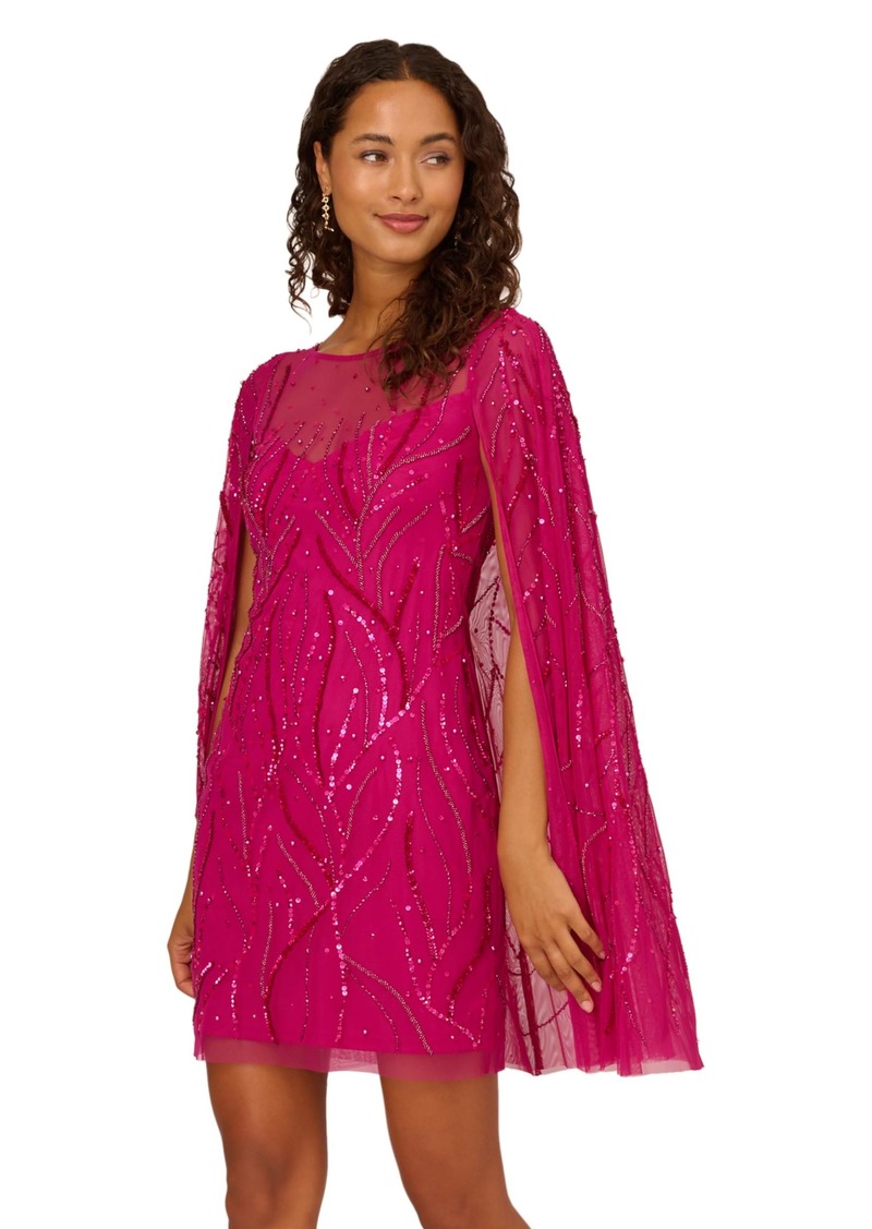 Adrianna Papell Women's Beaded Short Cape Sleeve Dress