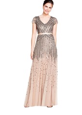 Adrianna Papell Women's Cap Sleeve Linear Beaded Gown
