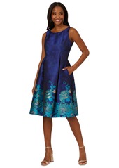 Adrianna Papell Women's Boat-Neck Fit & Flare Jacquard Dress - Blue Teal