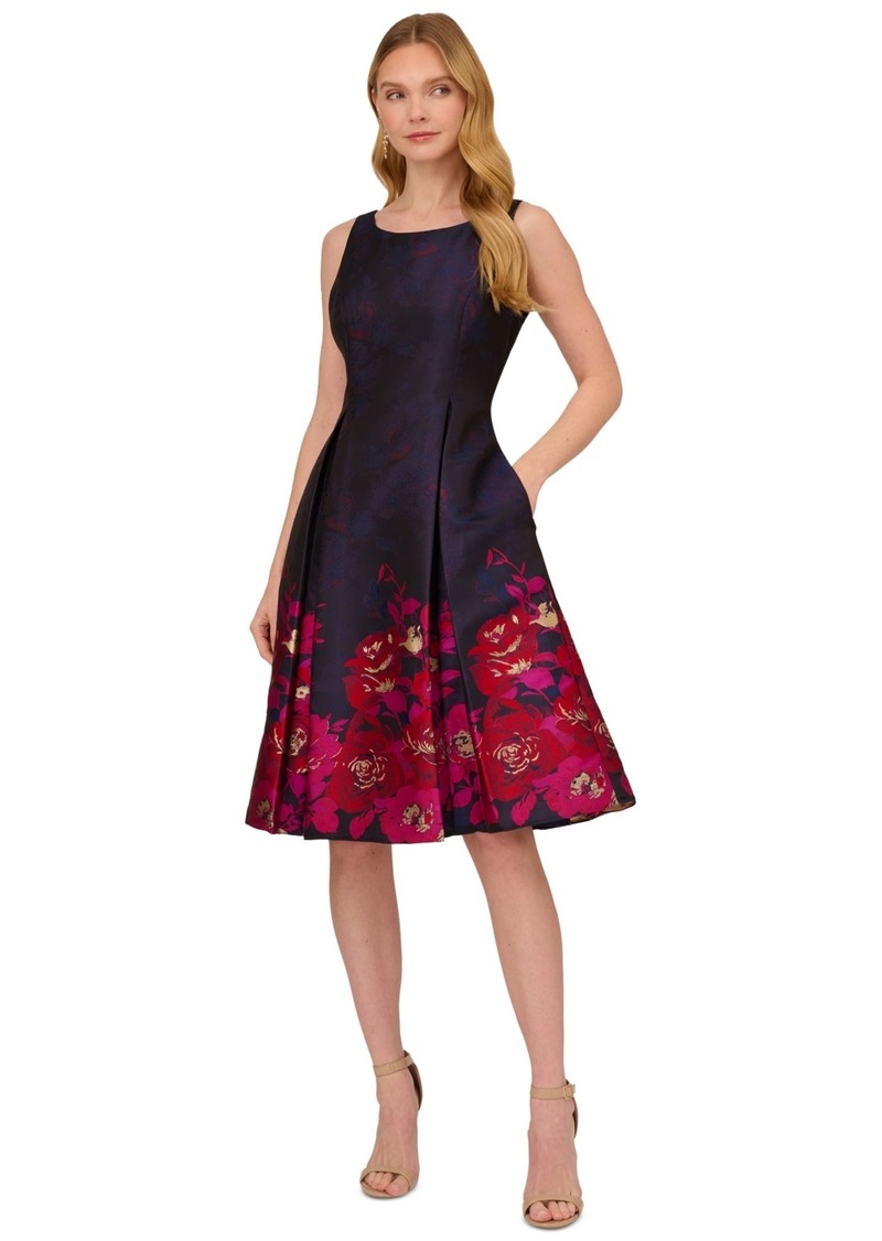 Adrianna Papell Women's Boat-Neck Fit & Flare Jacquard Dress - Navy Pink Multi