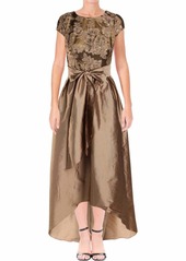 Adrianna Papell Women's Cap Sleeve Bead and Embroidered Gown with Hi Low Hem