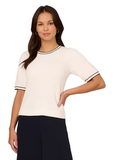 Adrianna Papell Women's Crew Neck Cable Scalloped Edge Tipped Short Sleeve Sweater