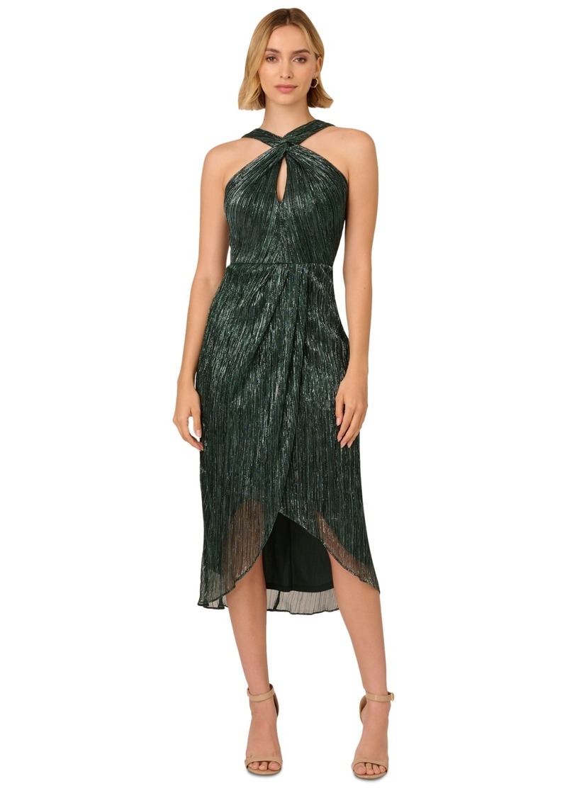 Adrianna Papell Women's Crinkle Metallic Halter Midi Dress - Green Pine