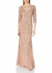 Adrianna Papell Women's Elbow Sleeve Dress Gown with Floral Scroll Beading