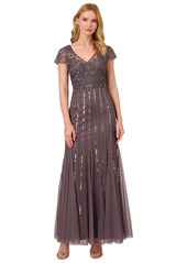 Adrianna Papell Petite Beaded Godet-Skirt Evening Gown - Moonscape