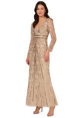 Adrianna Papell Women's Embellished V-Neck Long-Sleeve Gown - Biscotti
