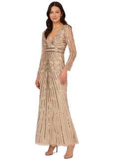 Adrianna Papell Women's Embellished V-Neck Long-Sleeve Gown - Biscotti
