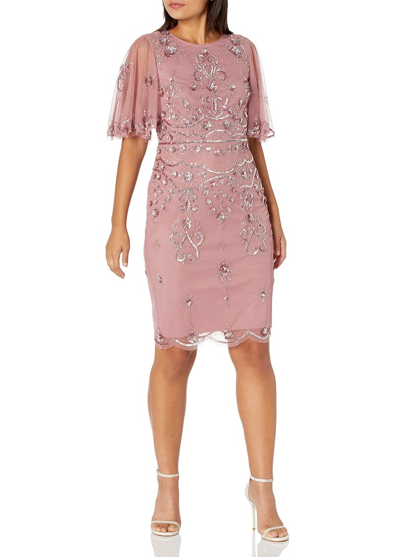 Adrianna Papell Women's Floral Beaded Cocktail Dress with Sheer Flutter Sleeves