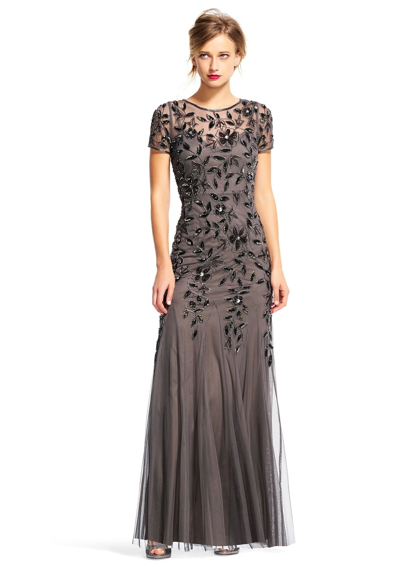 Adrianna Papell Women's Floral Beaded Godet Gown   Grey