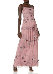 Adrianna Papell Women's Floral Beaded Gown with Asymmetrical Tiered Skirt