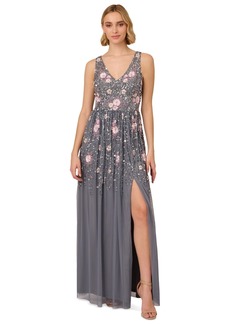 Adrianna Papell Women's Floral Embellished V-Neck Gown - Dusty Blue