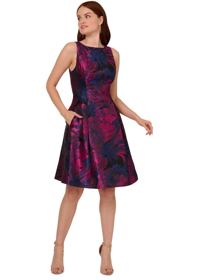 Adrianna Papell Women's Floral-Jacquard Sleeveless Fit & Flare Dress - Navy Orchid