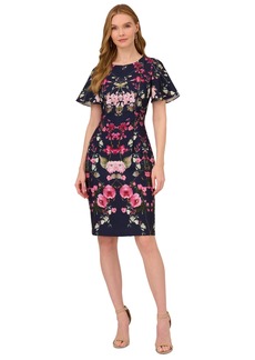 Adrianna Papell Women's Floral-Print Elbow-Sleeve Crepe Dress - Navy Multi
