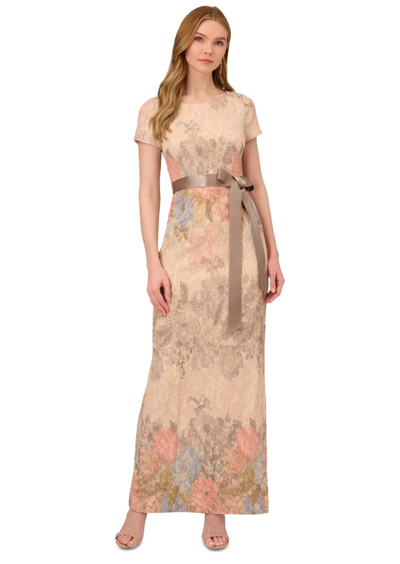 Adrianna Papell Women's Floral-Print Short Sleeve Column Gown - Blush Floral