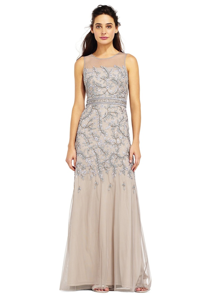 Adrianna Papell Women's Fully Beaded Long Sleevless Gown with Illusion Neckline
