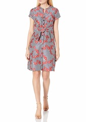Adrianna Papell Women's Gingham and Floral Flared Embroidered Shirt Dress