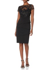 Adrianna Papell Women's Knit Crepe Tiered Skirt Sequin Dress with Beaded Waistline