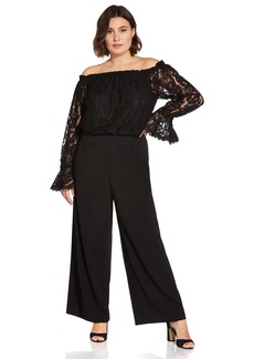 Adrianna Papell Women's Knit Crepe Wide Leg Jumpsuit with Off the Shoulder Lace Top