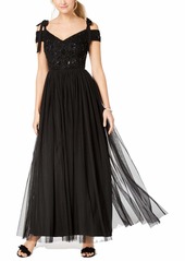 Adrianna Papell Women's Long Beaded Dress with Off The Shoulder Sleeves and Ties