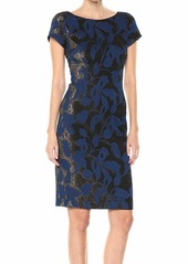 Adrianna Papell Women's Metallic Floral Jacquard Sheath Dress with Short Sleeves
