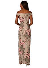 Adrianna Papell Women's Metallic Jacquard Floral Print Off-The-Shoulder Gown - Slate Blush