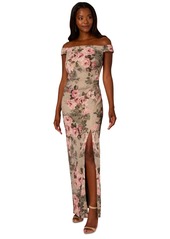 Adrianna Papell Women's Metallic Jacquard Floral Print Off-The-Shoulder Gown - Slate Blush