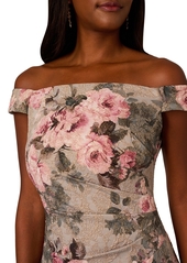 Adrianna Papell Women's Metallic Jacquard Floral Print Off-The-Shoulder Gown - Slate Blush