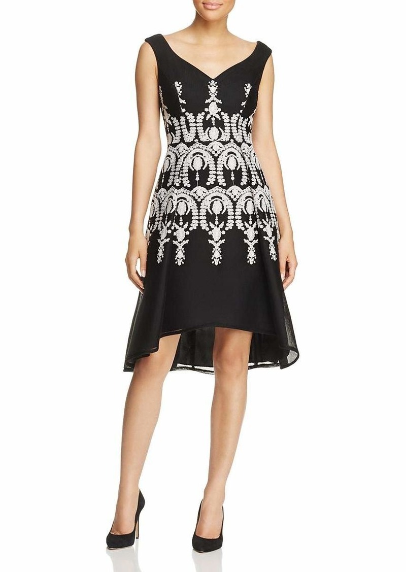Adrianna Papell Women's Neoprene Fit and Flare Dress with Mesh and Embroidery