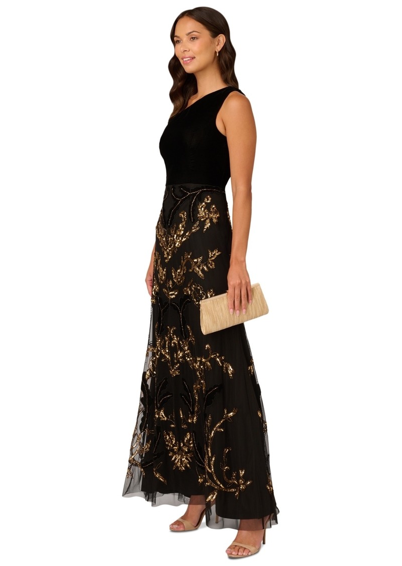 Adrianna Papell Women's One-Shoulder Beaded Velvet Ball Gown - Black/Gold