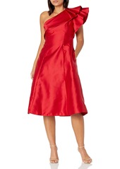Adrianna Papell Women's One Shoulder Ruffle Sleeve Tea Length Mikado Dress red