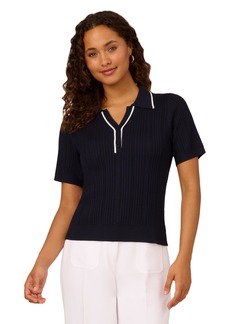 Adrianna Papell Women's Open V-Neck Polo Mix Rib Cable Sweater with Short Sleeves