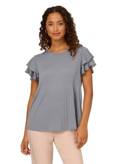 Adrianna Papell Women's Pleated Knit Double Sleeve Top Dusty Blue/Ivory Small Dot
