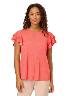Adrianna Papell Women's Pleated Knit Double Sleeve Top Sugar Coral/Ivory Broken Dot