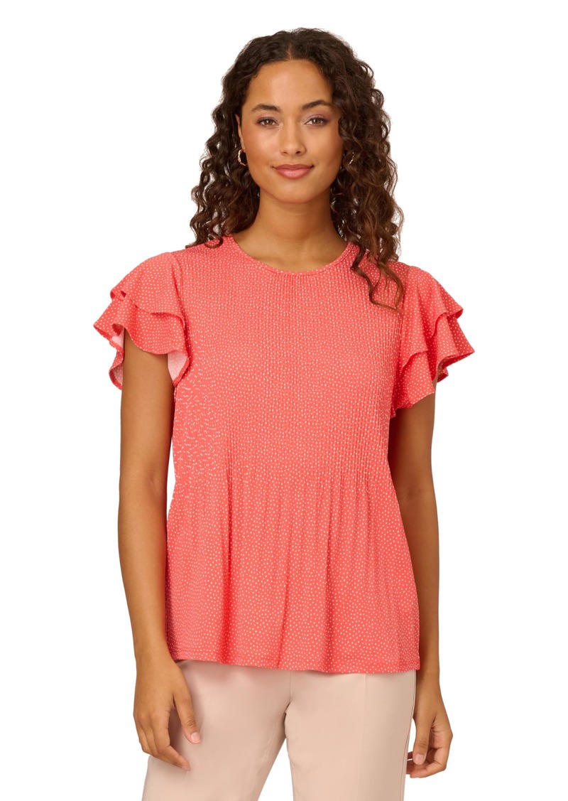 Adrianna Papell Women's Pleated Knit Double Sleeve Top Sugar Coral/Ivory Broken Dot