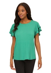 Adrianna Papell Women's Pleated Knit Double Sleeve Top Vivid Green/Ivory Small Dot