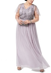 Adrianna Papell Women's Size Beaded Bodice Flutter Sleeve Chiffon Gown